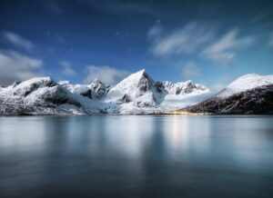 Night landscape on Lofoten islands, Norway. Winter landscape