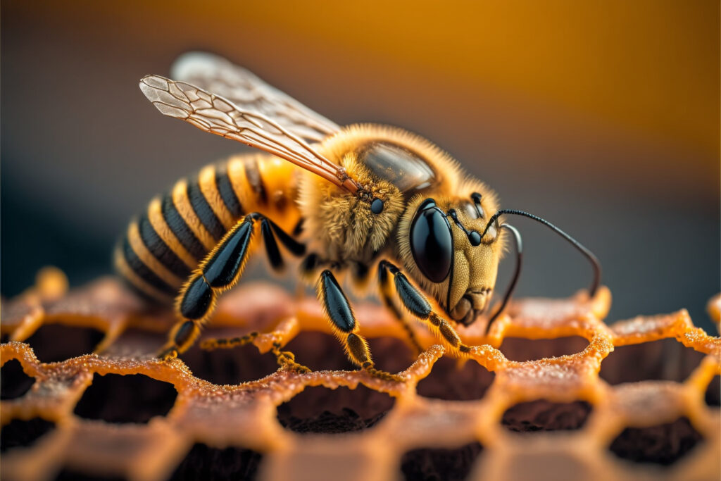 Macro shot of a honey bee on a honeycomb